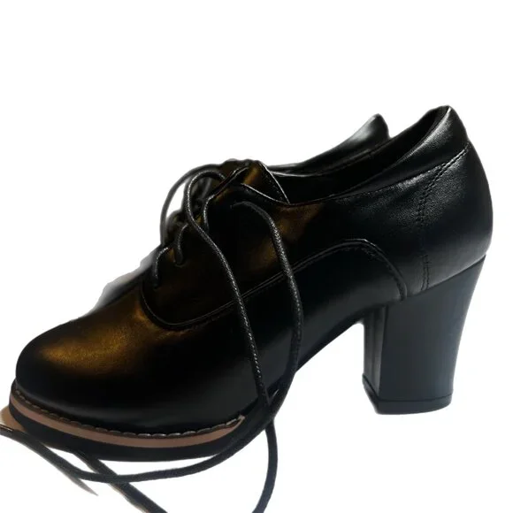 Black Lace-Up Chunky Heel Oxford Shoes For Women SZ 37 - Picture 2 of 7